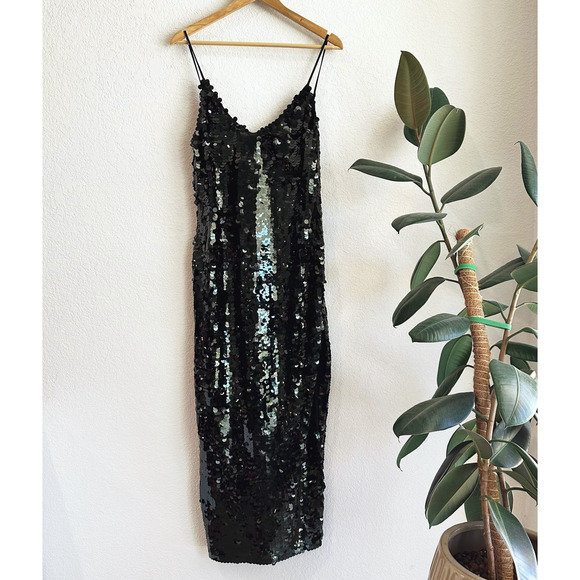 Free People Paillette Sequin Midi Slip Dress XS Party Glam Disco Oversized Black - Picture 1 of 8